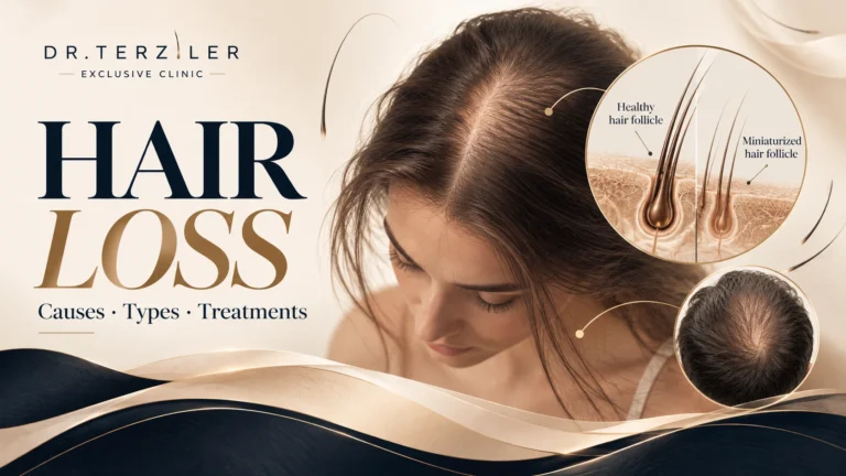 Medical editorial illustration of female hair thinning, comparing healthy and miniaturized hair follicles to explain hair loss causes, types and treatments.