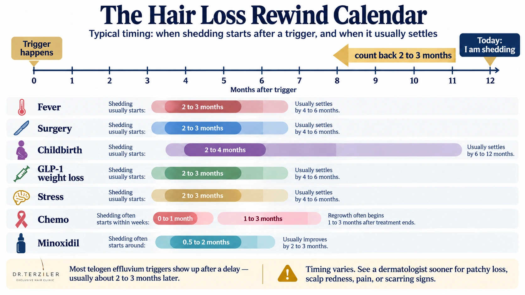 Schematic hair shedding timeline comparing illness, postpartum changes, rapid weight loss, chemotherapy and minoxidil, with approximate onset and recovery windows.