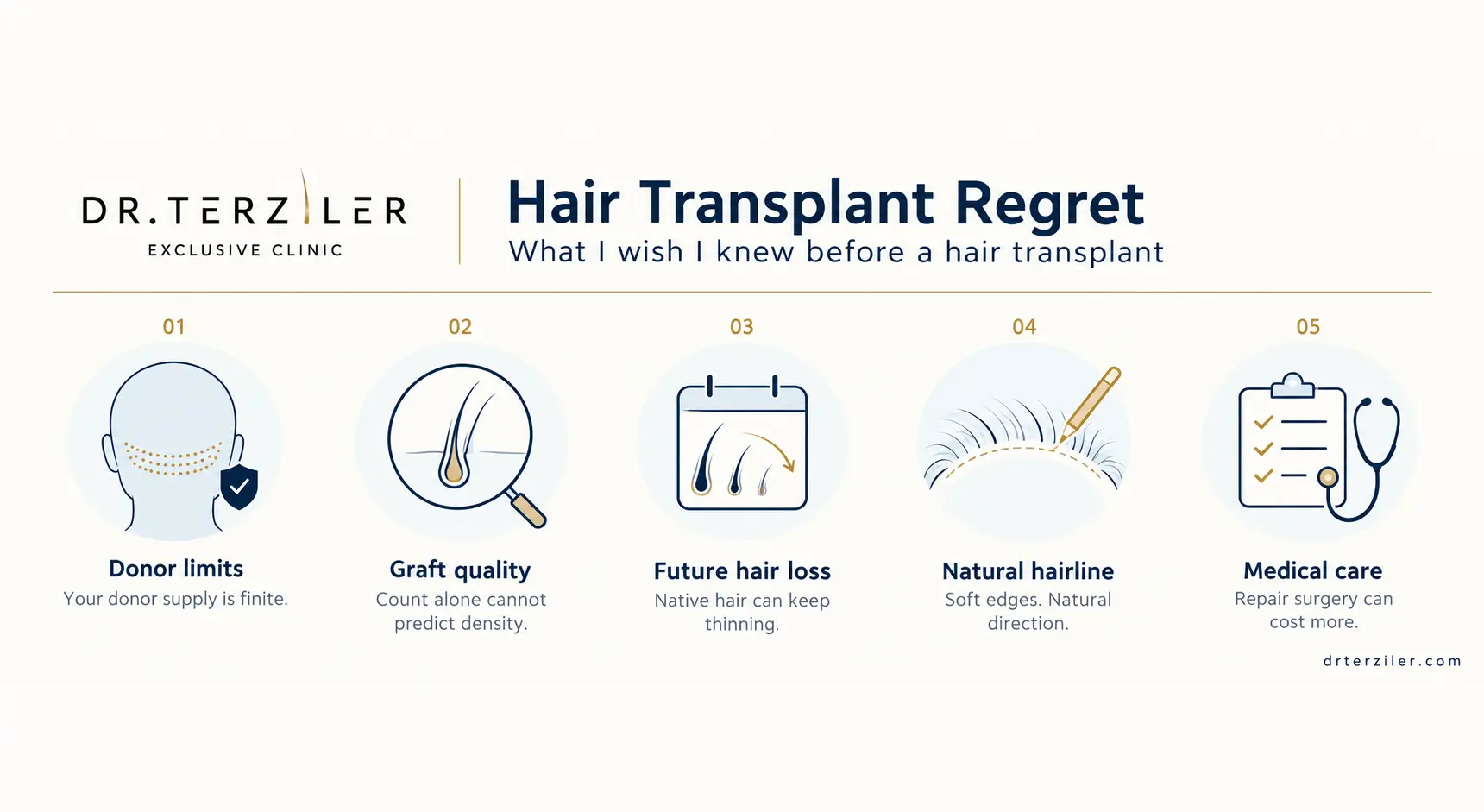 Hair transplant regret infographic: five things to know before surgery—donor limits, graft quality, future hair loss, natural hairline design, and medical care.