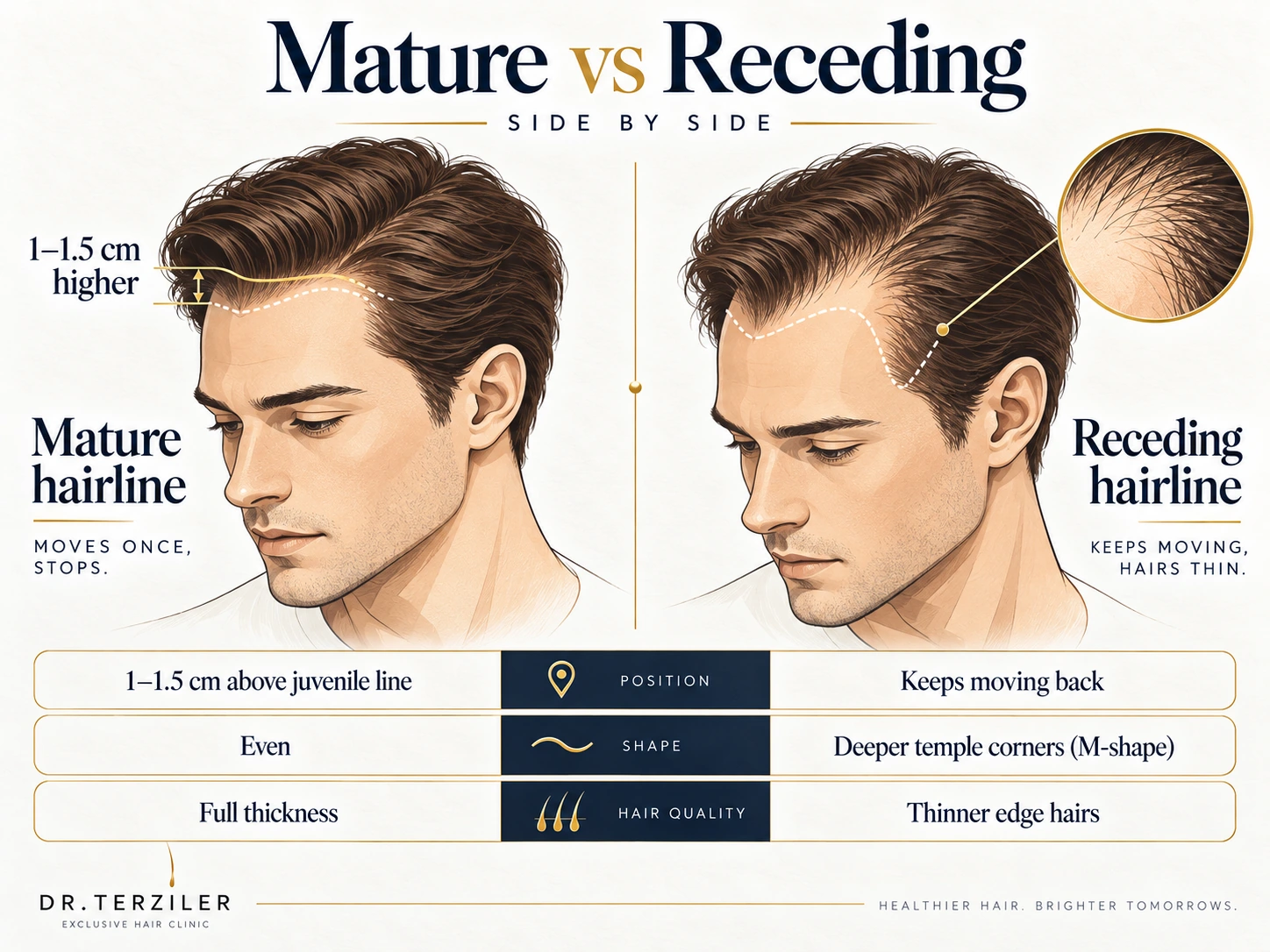Illustrated comparison of a stable adult hairline and progressive temple recession, with a close-up of finer edge hairs.