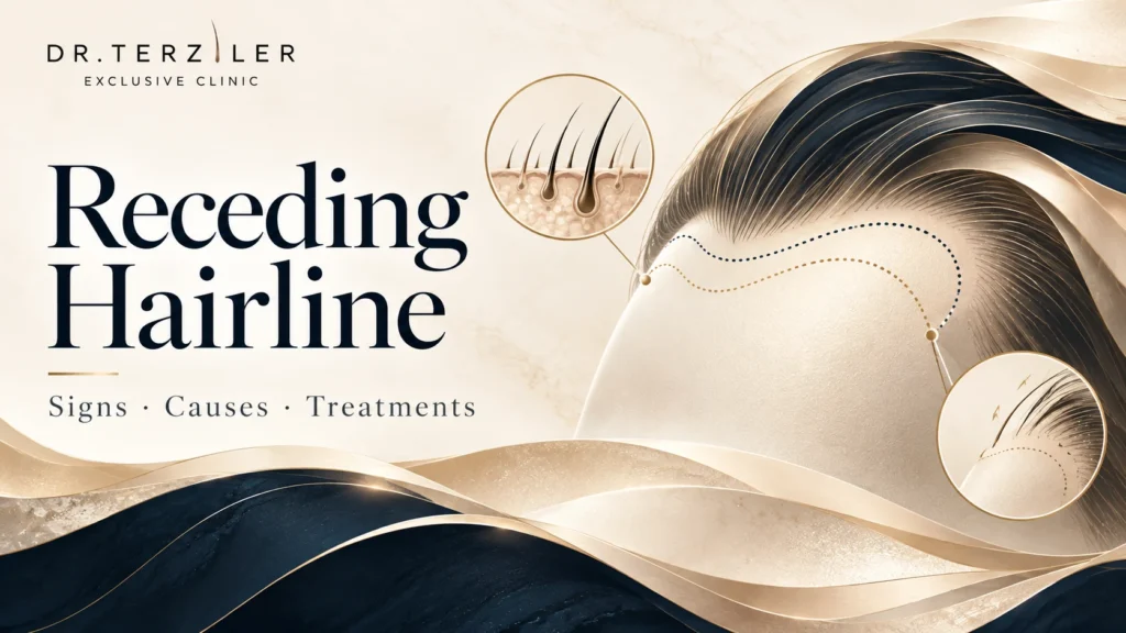 Abstract medical illustration of a receding hairline showing temple recession, a changing hairline shape, and miniaturized hair follicles associated with male pattern hair loss.