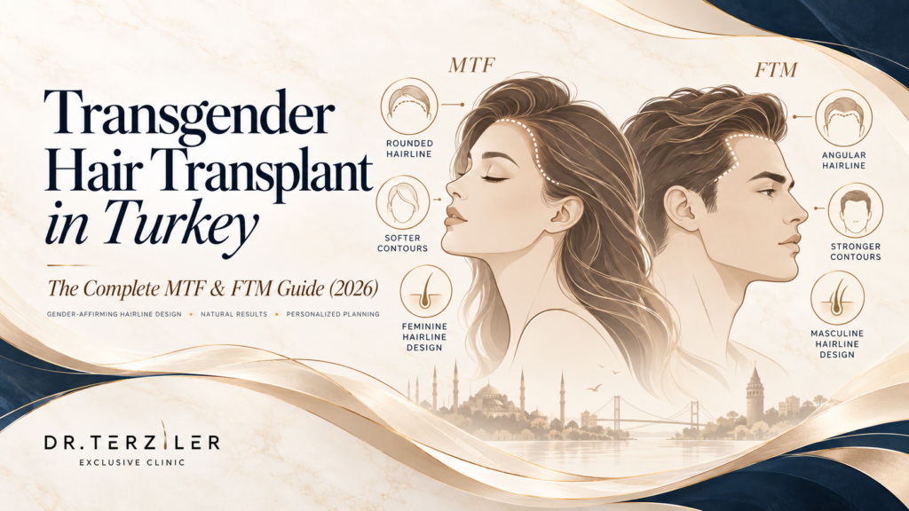 Transgender hair transplant in Turkey infographic showing MTF feminine hairline design and FTM masculine hairline design with personalized gender-affirming planning at Dr. Terziler Exclusive Clinic
