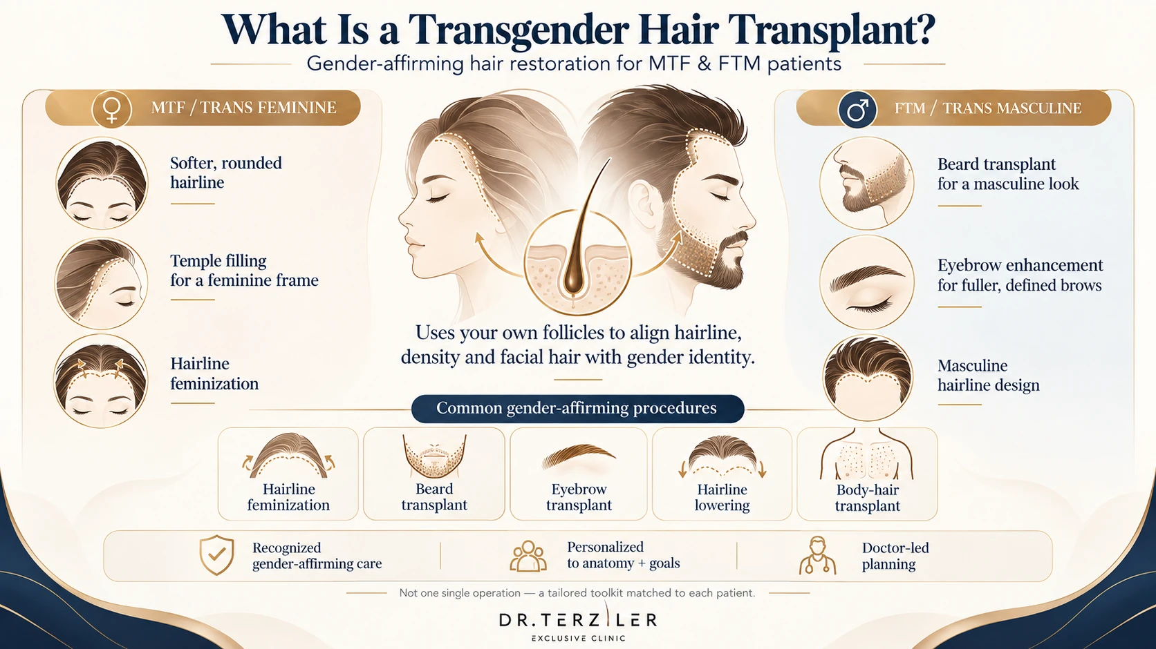 Transgender hair transplant in Turkey infographic: MTF hairline feminization and FTM beard restoration pathway, technique, cost and recovery at Dr. Terziler Exclusive Clinic