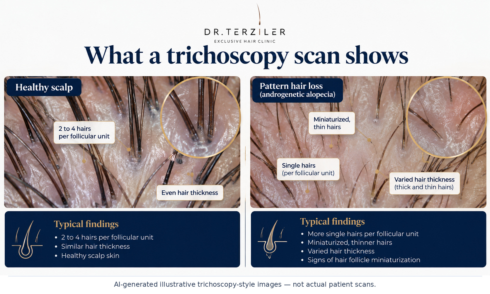 AI-generated educational comparison of uniform hair thickness and follicular units versus miniaturized hairs and varied shaft diameter in pattern hair loss; not patient scans.